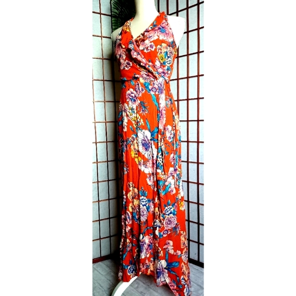 Band of Gypsies Ruffle V-Neck Faux Wrap Maxi Dress - Burnt Orange/Blue-Multi - Picture 16 of 16